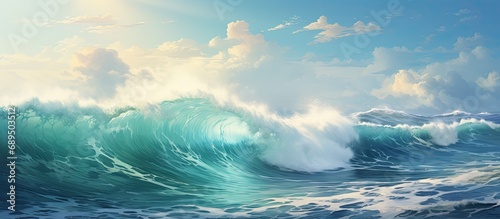 Vibrant ocean waves crashing beneath cloudy sky with turquoise hue.