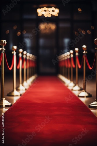 Red carpet with red rope barrier in a row. VIP event photo