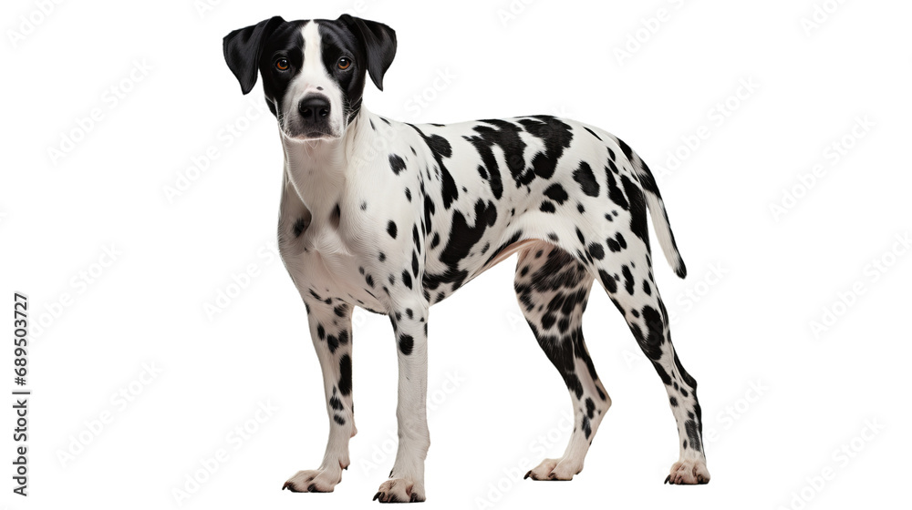 A black and white dog with white spots, isolated on transparent or white background, png