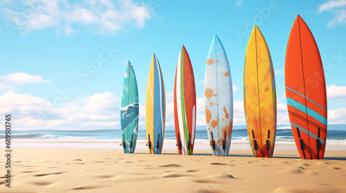 Sand and surfboards on a sandy beach. Generative ai © ikkilostd