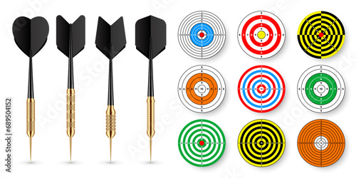Paper targets with dart arrows and shadows. Shooting range round target, divisions, marks and numbers. Gun shooting practise and training, sport competition. Bullseye and aim. Vector illustration