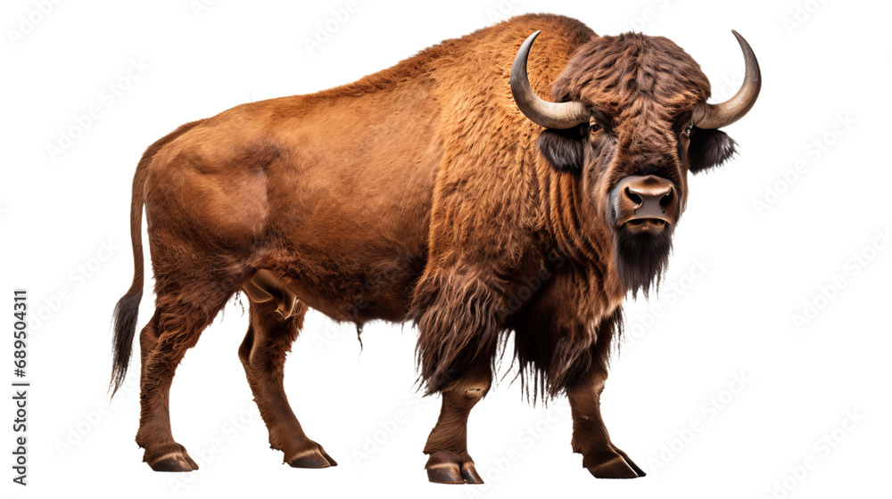 A buffalo with horns standing , isolated on transparent or white background, png - obrazy, fototapety, plakaty 