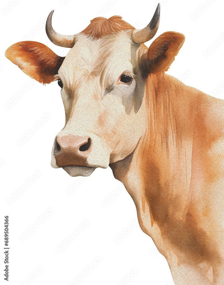 Brown cow isolated on transparent background, old watercolor illustration