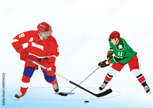 Hockey players. 3d vector color hand drawn illustration