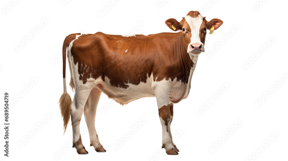 A cow with yellow tags on its tail, isolated on transparent or white background, png