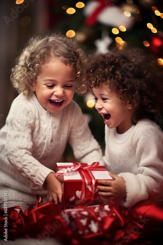 a photo of 2 small kids unwrapping their Christmas gift, happy and giggly, Christmas colors