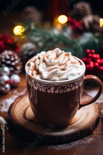 a photo of a table with a big mug with hygge pattern, filled with hot chocolate milk with whipped cream, Christmas colors 