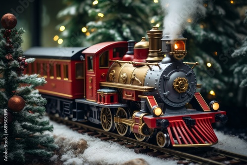 a photo of a Christmas train riding underneath a Christmas tree, Christmas colors