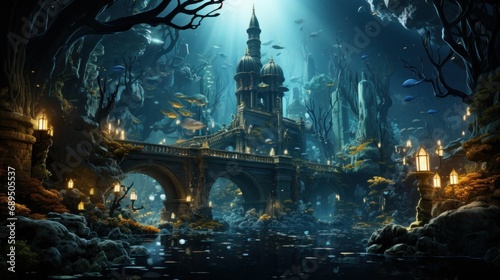 An enchanting underwater cityscape, bioluminescent coral structures illuminate the surroundings