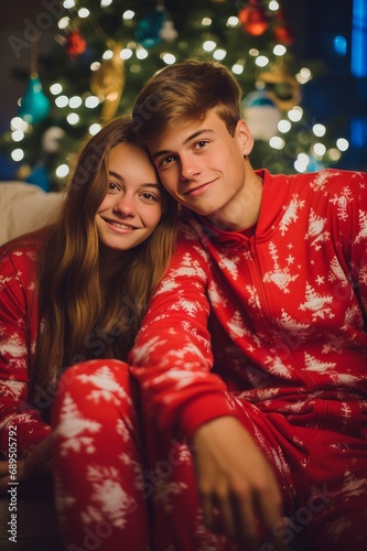a photo of a two teens wearing a red onesie with Christmas pattern, cuddled up on the sofa, Christmas tree in the background, cozy vibes