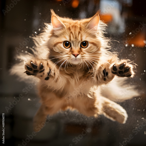 Action shot of an orange tabby cat jumping through the air