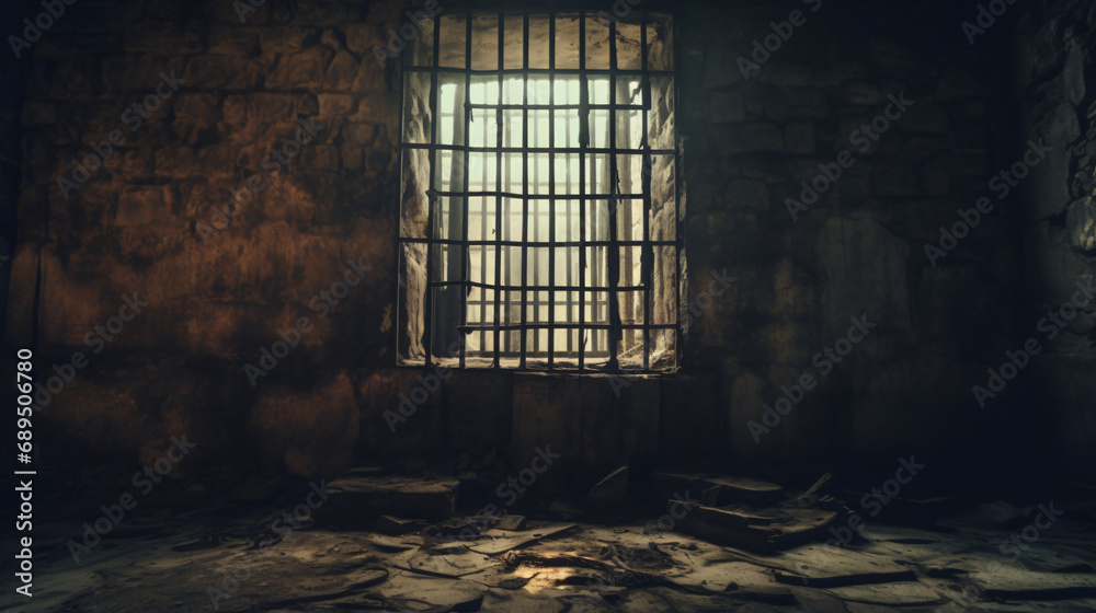 Prison cell with broken prison bars - obrazy, fototapety, plakaty 