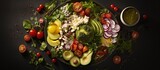 Assorted salad with various ingredients, viewed from above.