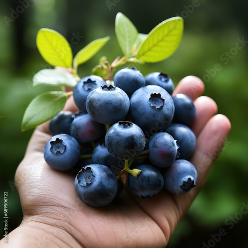 Owoce borówki na dłoni przy krzewie z owocami photo
