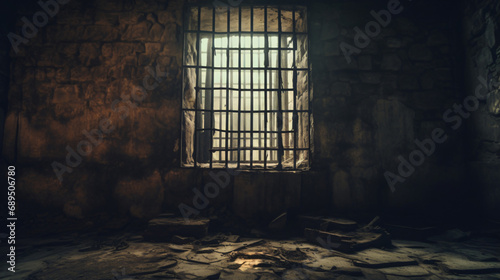 Prison cell with broken prison bars photo