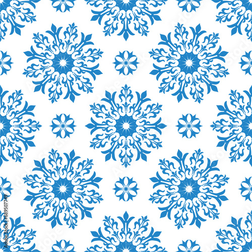Vector hand drawn monochrome geometric Christmas seamless pattern with blue vintage snowflakes on transparent background