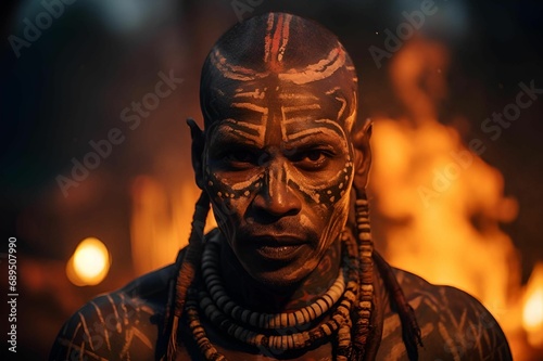 AI generated illustration of an indigenous male in traditional attire with body-painted markings