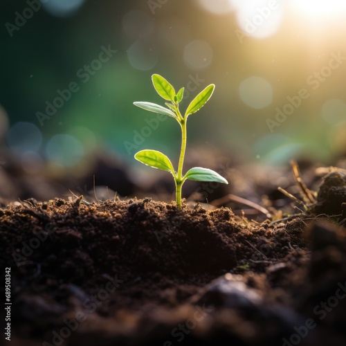 A close up of a new green shoot growing in soil.