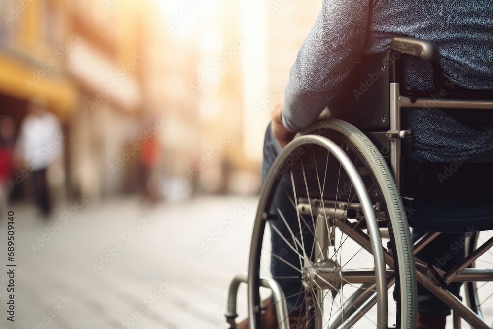 Obraz premium Man in wheelchair navigating city streets. Accessibility and mobility.