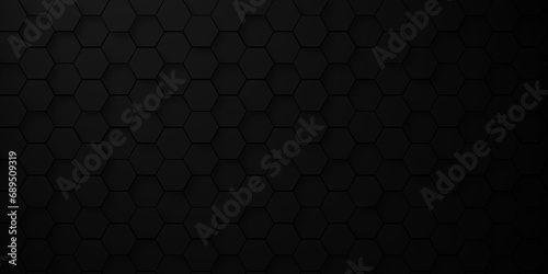Seamless pattern with hexagonal black and gray technology line paper background. Hexagonal vector grid tile and mosaic structure mess cell. dark black hexagon honeycomb geometric line copy space.