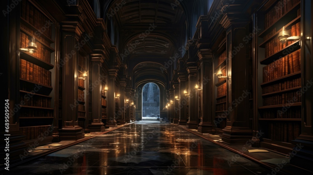 A long hallway with many bookshelves and lights. Generative AI.
