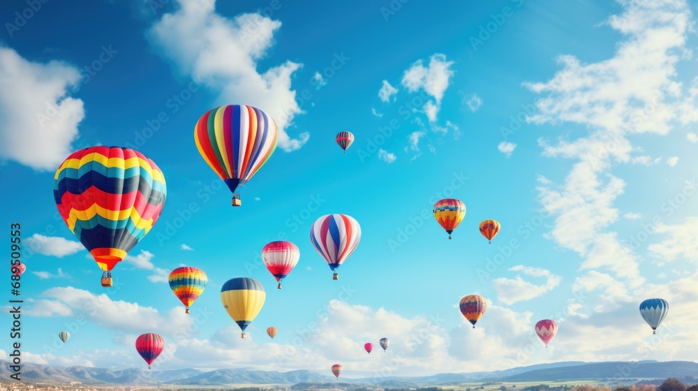 Many colorful hot air balloons flying in the sky. Generative AI.