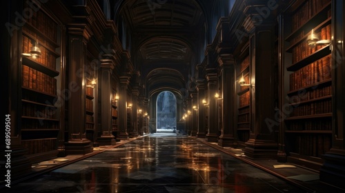 A long hallway with many bookshelves and lights. Generative AI. © Nikolay