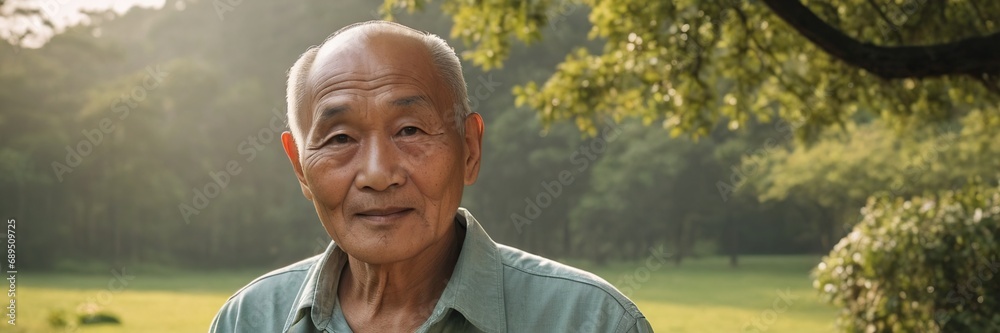 An old man of Asian appearance in a cap on the background of nature An old man of Asian appearance in a cap on the background of nature