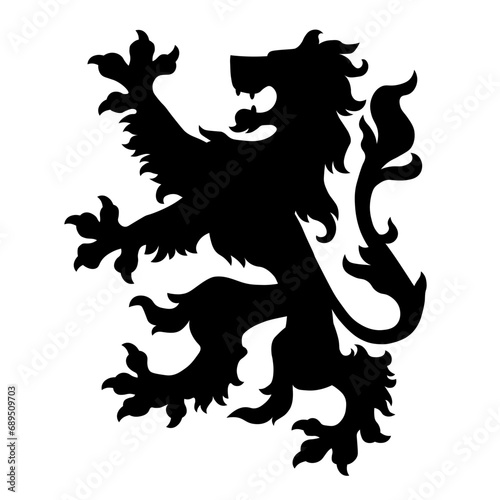 Heraldic lion black silhouette. Template, pattern, symbol, sign, line, icon, silhouette, tattoo. Isolated vector illustration.