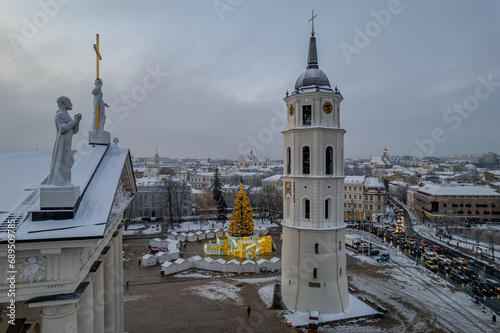 Aerial winter morning sunrise view of Cathedral Square, Vilnius old town, Christmas Tree, Lithuania