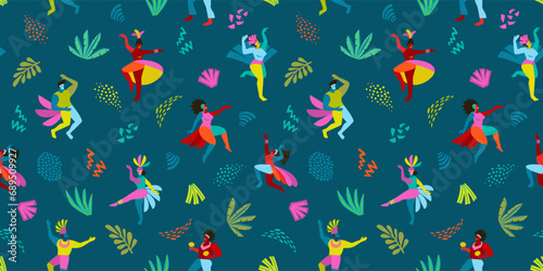 Vector seamless pattern with abstract men and women in bright costumes. Brazil carnival. Design templates for carnival concept and other