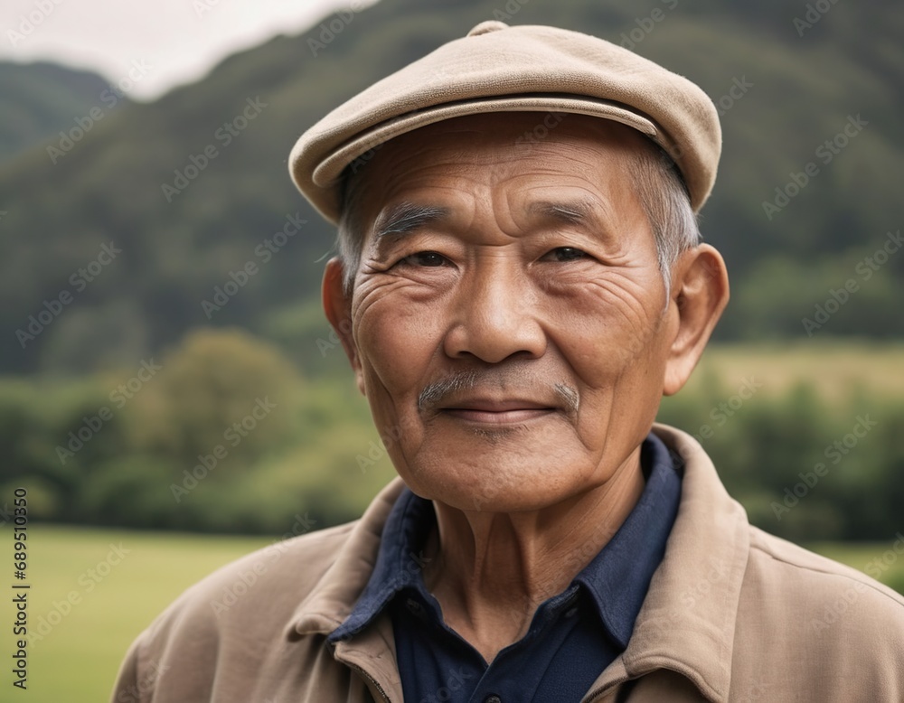 An old man of Asian appearance in a cap on the background of nature