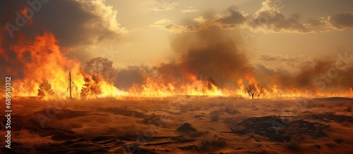 Wildfire in a dry meadow field during a drought causes air pollution and ecological damage.