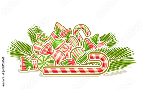 Vector logo for Kids Christmas, horizontal poster with outline illustration of pile various christmas candies in cellophane foil package, children christmas still life composition on white background