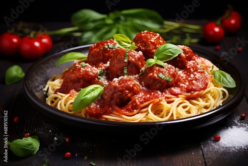 Photo of a classic spaghetti and meatballs dish with a savory tomato sauce. Generative AI