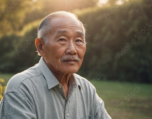 An old man of Asian appearance in a cap on the background of nature