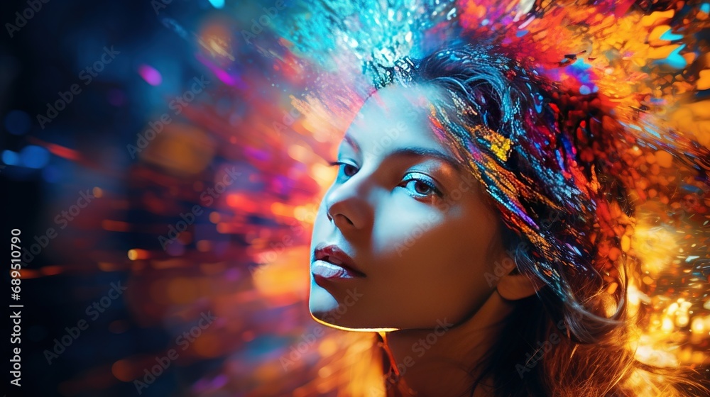 A vibrant and colorful abstract portrait of a person, surrounded by a mesmerizing bokeh background