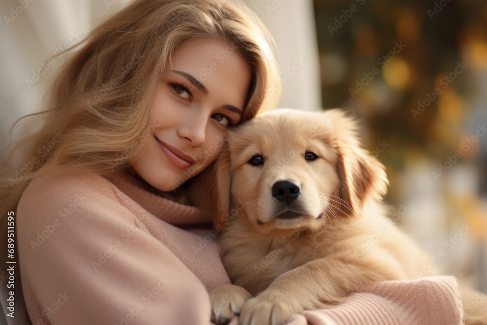 A Loving Woman Embracing a Adorable Puppy in Her Arms. A woman holding a puppy in her arms A Loving Woman Embracing a Adorable Puppy in Her Arms. A woman holding a puppy in her arms