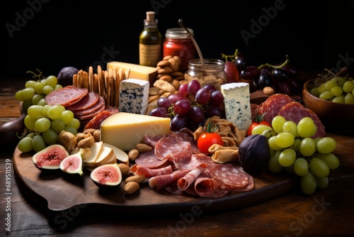 Photo of a gourmet charcuterie board filled with an array of fine cheeses and cured meats. Generative AI