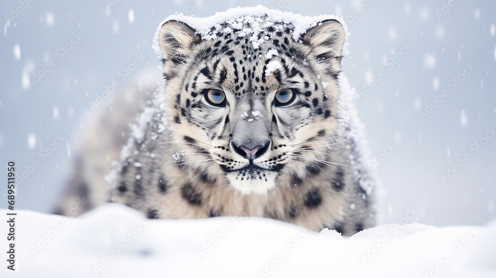 Obraz premium Mysterious Snow Leopard in Snowy Landscape. Generative ai