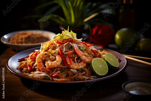 Pad Thai, stir-fried rice noodle dish commonly served as a street food in Thailand, Generative AI