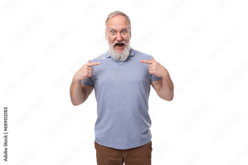 a positive and full of energy old man with a white mustache and beard is dressed in a basic t-shirt and trousers a positive and full of energy old man with a white mustache and beard is dressed in a basic t-shirt and trousers