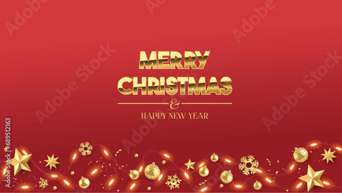 Red Christmas background with Golden Merry Christmas lettering and golden Christmas decorations