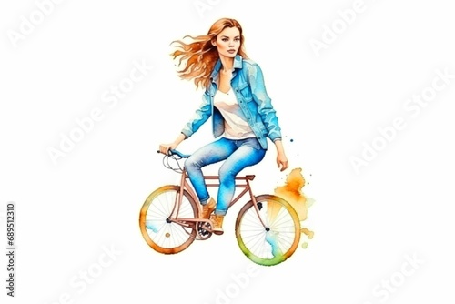 Watercolour t shirt design.girl cycling. 