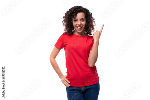 young beautiful curly brunette woman dressed in a red t-shirt with an identity print mockup © Ivan Traimak