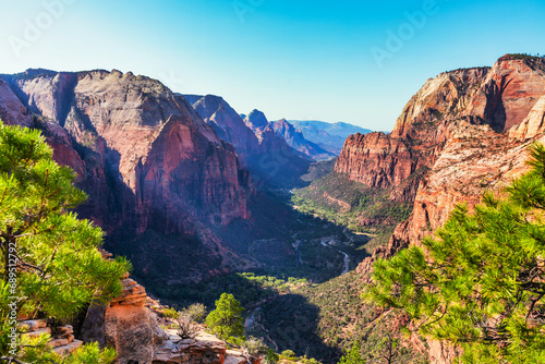 Zion National Park, Utah, USA. Beautiful landscapes, primeval nature, views of incredibly picturesque rocks and mountains. Concept, tourism, travel, landmark