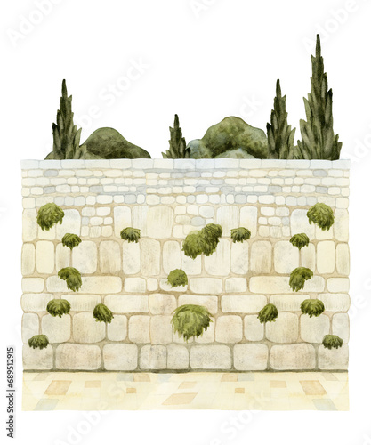 Jerusalem Kotel Jewish Western Wall sight in old city watercolor illustration isolated on white background. Israel capital city historical and religious place photo