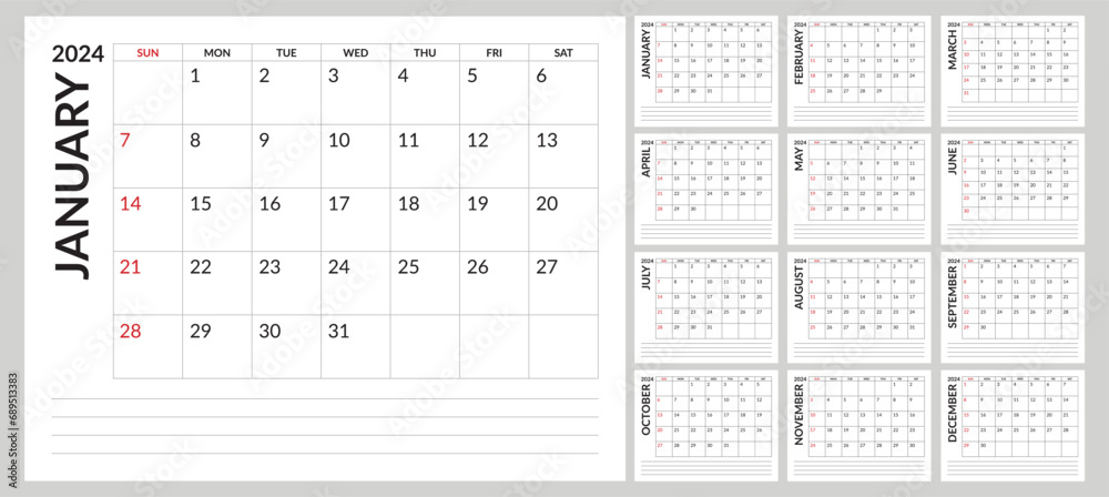 2024 Calendar sunday start with notes