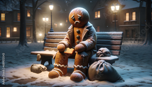 gingerbread man with a sad expression, wearing a worn coat and hat, sitting on a park bench