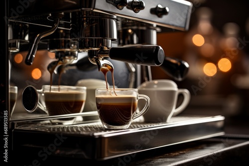 Photo of a premium coffee machine brewing a rich espresso. Generative AI